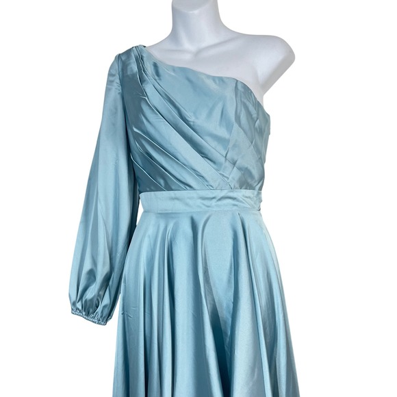 Mac Duggal  Blue Long Sleeve One Shoulder Satin High Low A-line Gown Size‎ 6 NEW - Picture 3 of 10